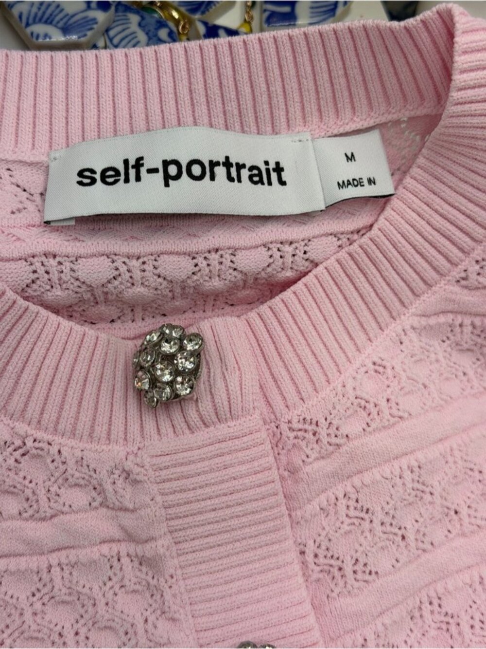 🆕 SELF-PORTRAIT 🧿 NWOT Pink Pointelle Diamante Button Knit Mini Dress, Sz M - Picture 15 of 16